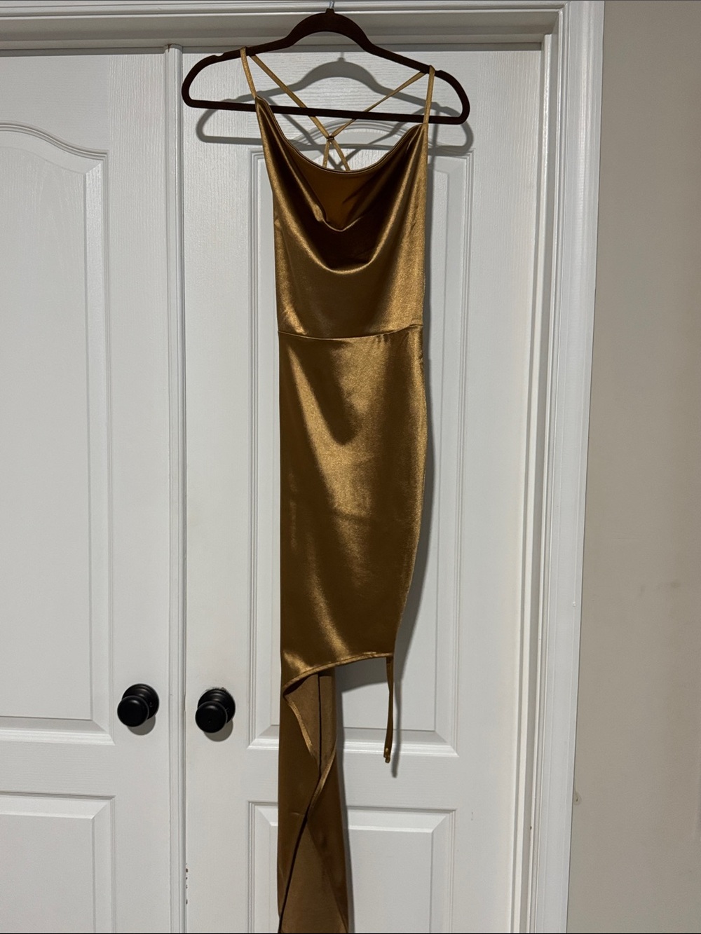 SHEIN Metallic Gold Satin Asymmetrical Slip Dress